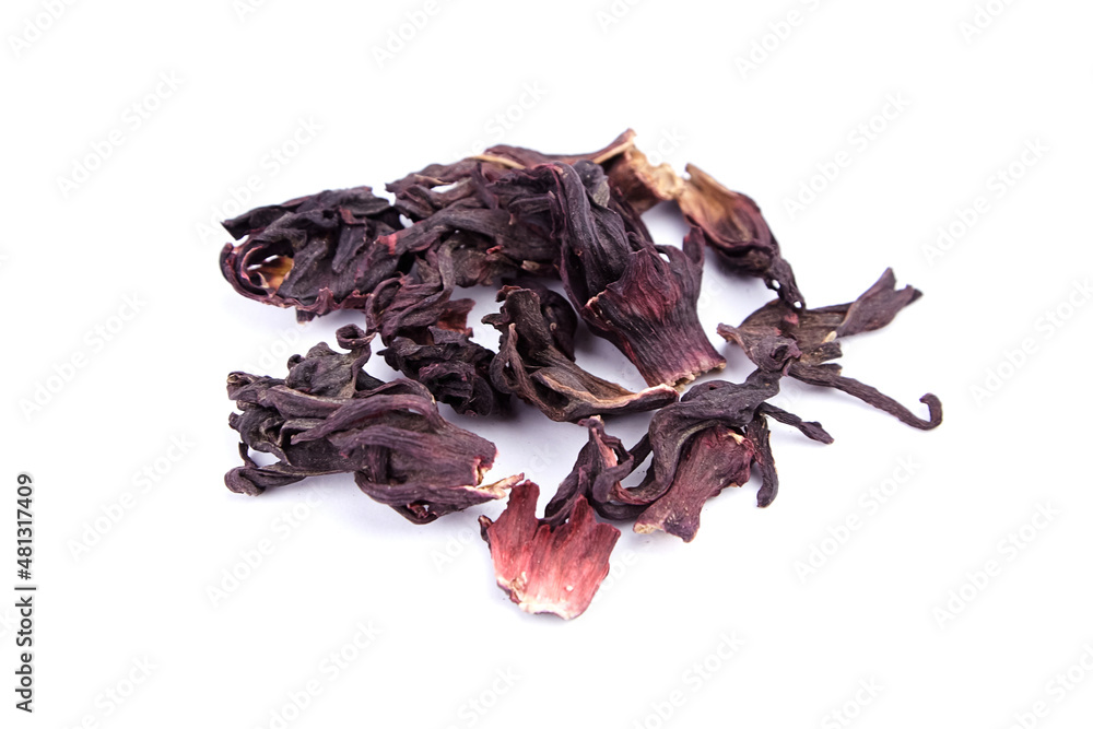 Hibiscus flower red tea karkade, dried petals of Sudanese rose isolated on white Hibiscus flower red tea karkade, dried petals of Sudanese rose isolated on white