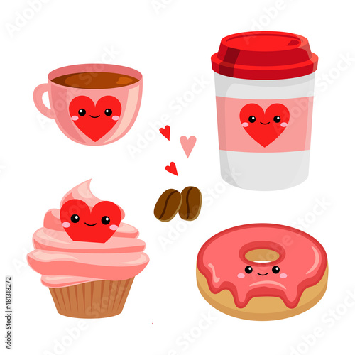 Cute pink coffee and sweets for Valentine's day. Flat vector cartoon design