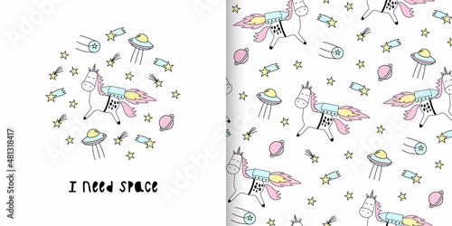 Illustration and seamless childish pattern with cute unicorn with stars and moon