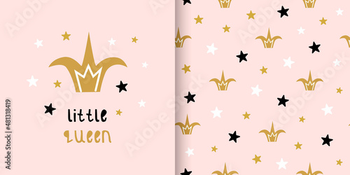 Set of card and seamless pattern with cute crown and stars.  Little queen