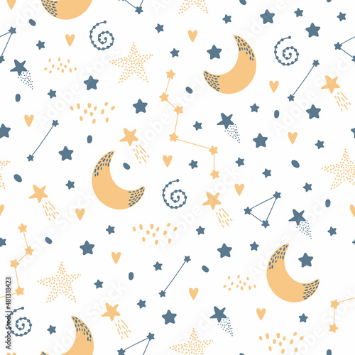 Cute seamless night pattern with stars, moon, clouds