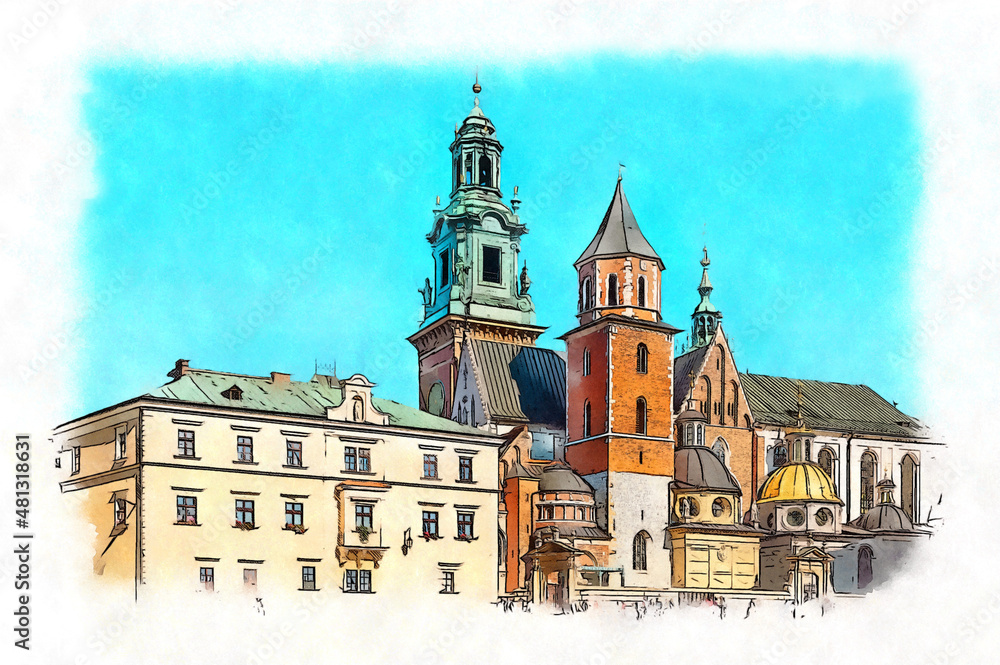 Obraz Wawel Royal Castle complex in Krakow, Poland, the most historically and culturally important site in Poland, watercolor sketch illustration. fototapeta, plakat