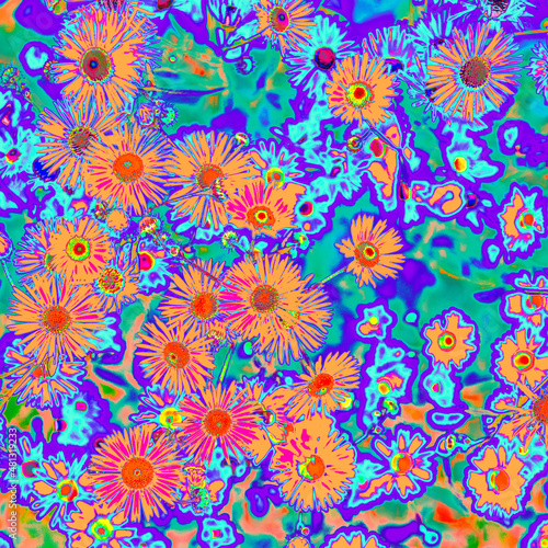 Bright psychedelic colored orange summer flowers in abstract style on mint blue background. Night club party Poster, Rave music festival or disco dance flyer design. Groovy 60s vibe floral pattern