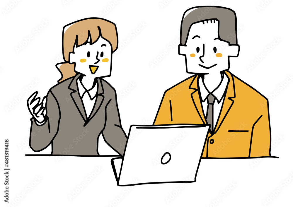 パソコンを一緒に見ながら説明する女性(聞き手 若い男性) 温かみのある手書きの人物 パソコンを一緒に見ながら説明する女性(聞き手 若い男性) 温かみのある手書きの人物