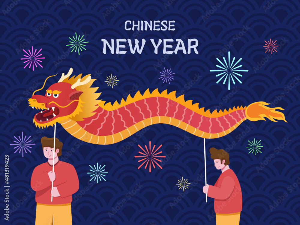 Illustration of People Celebrate Chinese New Year With Dragon Dance with Red and Yellow Colors.  Chinese Lunar New Year Tradition Festival. Can be use for greeting card, postcard, banner, poster, etc.