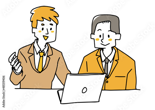 パソコンを一緒に見ながら説明する男性（聞き手　若い男性）　温かみのある手書きの人物　