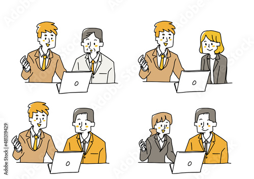 パソコンを一緒に見ながら会話をする男性と女性の組み合わせセット　温かみのある手書きの人物イラスト