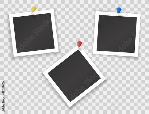 Blank square photographs with colored pins isolated on transparent background. Vector realistic mockup of retro photoframes pinned with thumbtacks on wall or board
