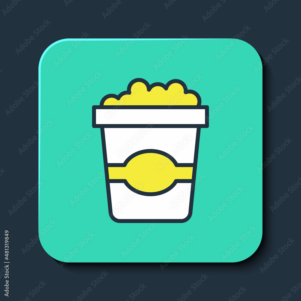 Filled outline Popcorn in cardboard box icon isolated on blue background. Popcorn bucket box. Turquoise square button. Vector Filled outline Popcorn in cardboard box icon isolated on blue background. Popcorn bucket box. Turquoise square button. Vector