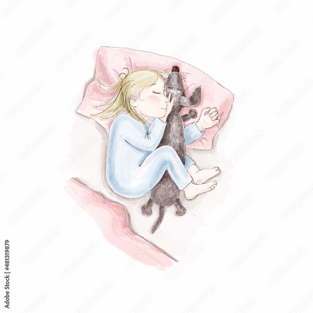 Naklejka premium A cute little girl in a blue pajama sleeps sweetly on her side in an embrace with her favorite soft toy dachshund dog. Gentle digital illustration in the style of colored pencils and watercolor