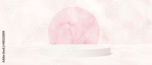 3Dレンダリング）ピンクの大理石風の明るい抽象的背景 円柱 春の横長バナー ナチュラル 展示 シンプル ミニマル 空きスペース 