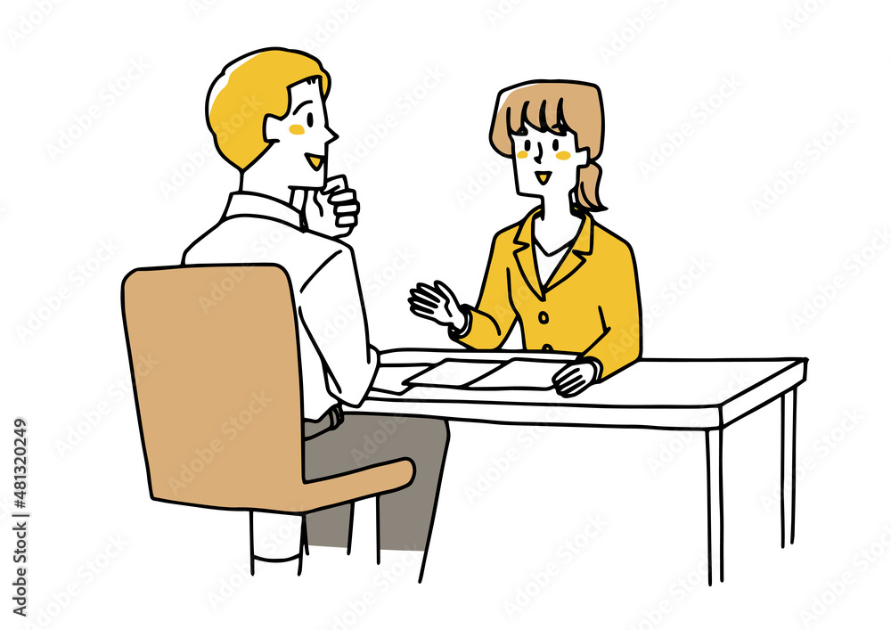 カウンターで若い女性スタッフの説明を聞く男性　温かみのある手書きの人物イラスト　白バックにベクター