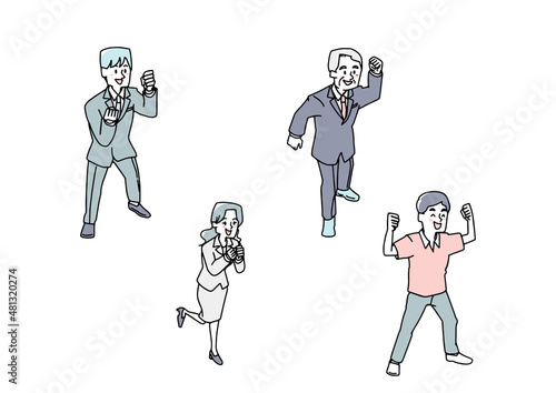 上から見下ろした喜んでいる人々のセット　拳を作って幸運を喜ぶ　温かみのある手書きの人物イラスト　