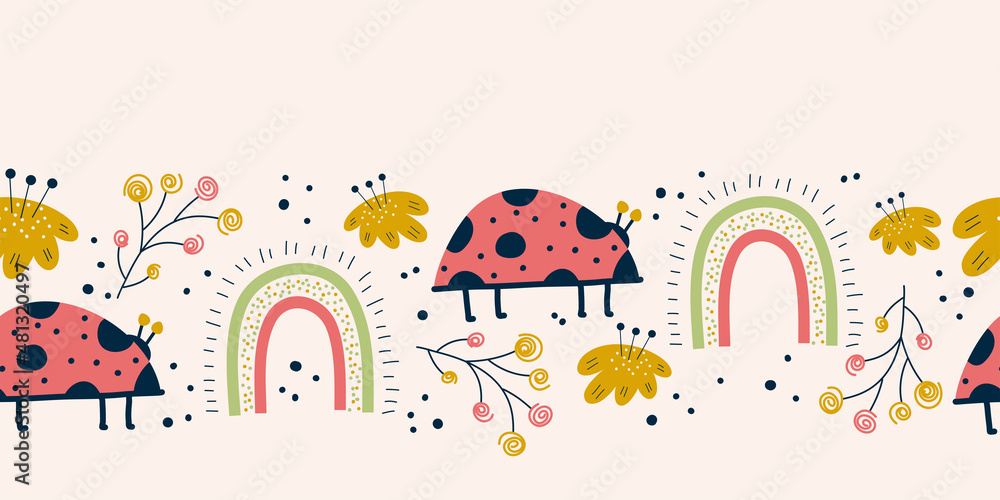 Seamless border with ladybug, rainbow and flower, pink background. Scandinvian Spring design. Insect ladybird with flowers and branches simple summer seamless printFlat Vector illustration.