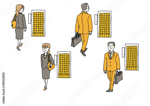 会社に通勤する男性と女性のセット　暖かみのある手書きの人物イラスト　白バックにベクター