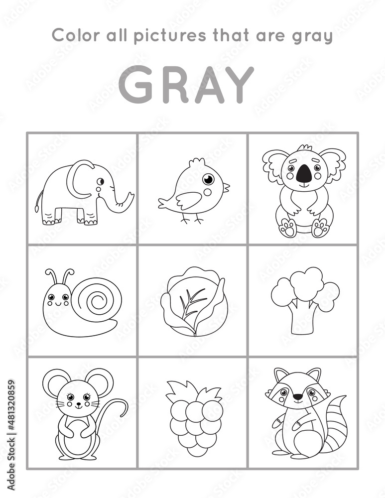 Color all gray objects. Learning basic colors for kids.
