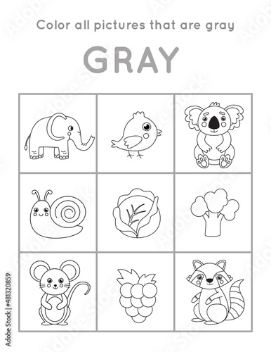 Color all gray objects. Learning basic colors for kids.