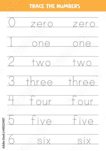 Tracing numbers in words. Worksheet for children.