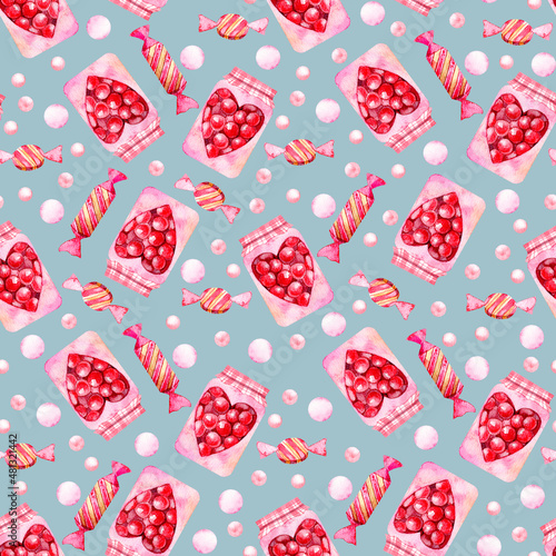 Seamless watercolor pattern with candy, circles and jars with coffees in pink on a turquoise background to create textures for valentine's day