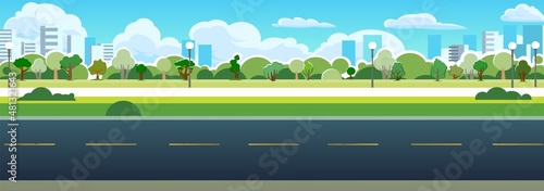 Good asphalt road. Park city area. Side view. Quality modern empty highway. Suburban intercity pathway. Background illustration. Vector