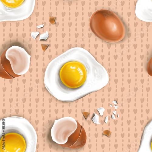 seamless pattern with eggs, fried eggs and shells on a beige background to create textures, backgrounds and cards