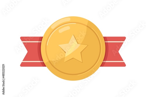 Medal badge with hero star and red ribbon. Gold military award. Honor and pri...