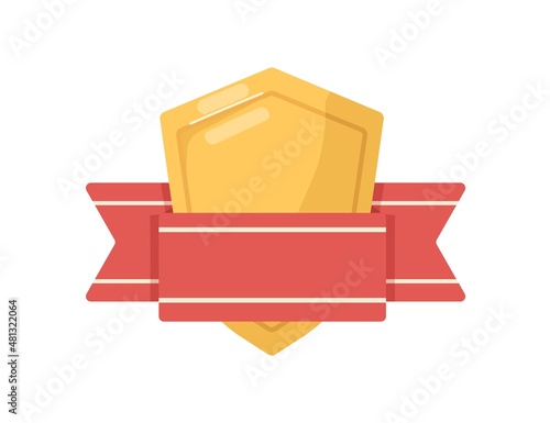 Gold shield-shaped medal badge with red ribbon. Military award for honor and pride. Metal hero reward. Abstract shining emblem. Realistic flat vector illustration isolated on white background