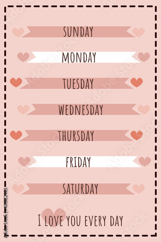 Valentine's card with check list of love for every day and confession of love. Vector design for poster,  cover