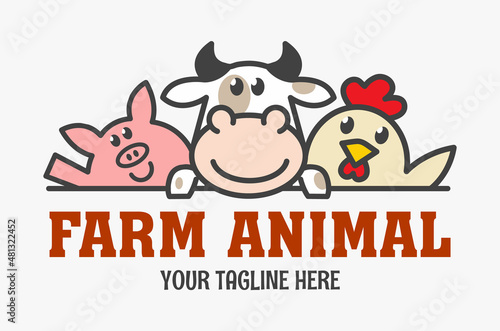 Farm animal funny logo. Compound feed sign. Chicken, cow and pig icon. Meat delivery logo.