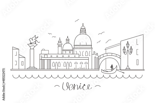 Venice city skyline in outline minimalist style. Line art vector illustration with famous landmarks. Italian town on the water