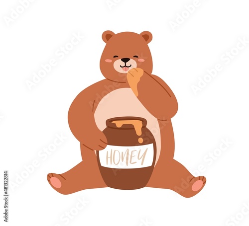 Cute bear eating honey from paw. Happy teddy with pot. Funny baby animal and ...
