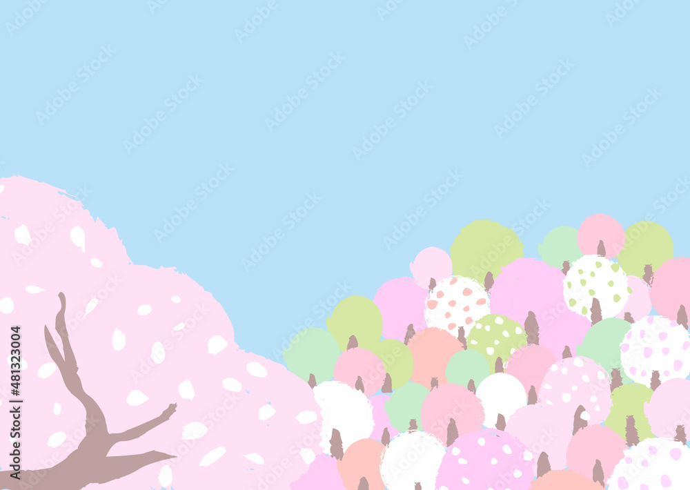 桜咲く山の風景　ほっこり、はんなりとしたやさしい色使いの背景イラスト