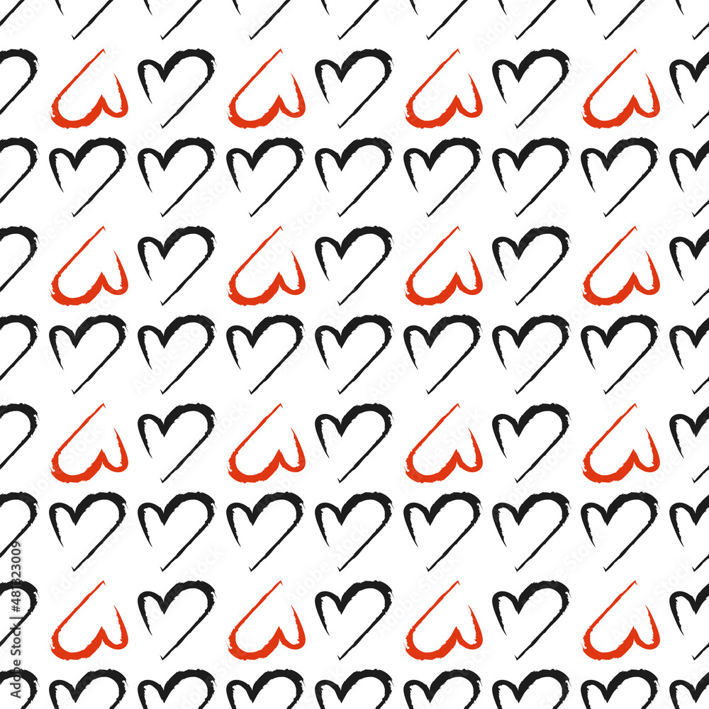 Cute simple line heart print. Festive decoration for Valentine Day. Seamless black and white pattern with red hand drawn symbol of love. Vector flat illustration