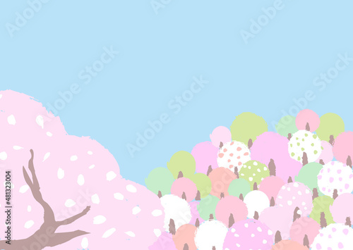 桜咲く山の風景　ほっこり、はんなりとしたやさしい色使いの背景イラスト