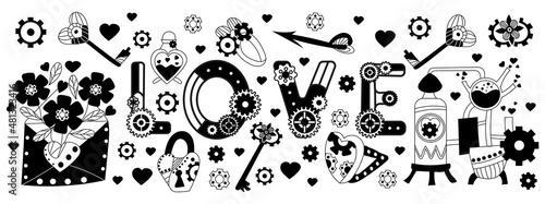 Valentine in steampunk style Horizontal composition. inscription Love is made in a vector font in steampunk. Vector set of icons for Valentine's Day hand-drawn in doodle style decorated with gears