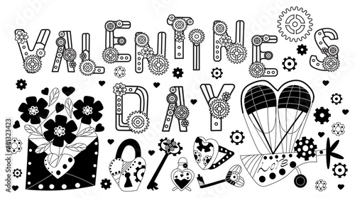 Valentine in steampunk style. Vector set of icons for Valentine's Day hand-drawn in doodle style decorated with gears and lettering. Airship, love potion, lock and keys letter with flowers and hearts
