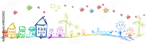 Erneuerbare Energie Band Banner Bunt Landschaft Panorama Hintergrund Zeichnung
