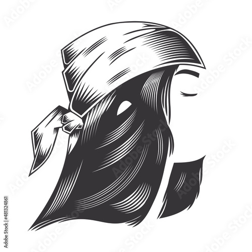 Woman face with vintage headband hairstyles for long hair vector line art illustration.