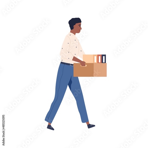 Happy man carrying box and moving. Person holding cardboard with office stuff. Employee relocating, changing workplace with folders carton pack. Flat vector illustration isolated on white background