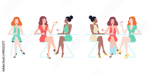 Set of multiracial girls enjoying cocktails in a nightclub or cafe. Pretty young women in beautiful dresses talking and laughing together. Woman's friendship concept. Vector illustration.