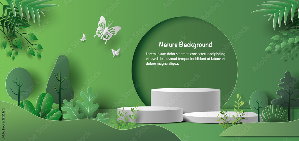 Fototapeta Product banner, podium platform with geometric shapes and nature background, paper illustration, and 3d paper.