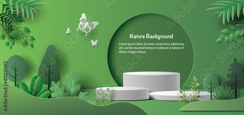 Product banner, podium platform with geometric shapes and nature background, paper illustration, and 3d paper.
