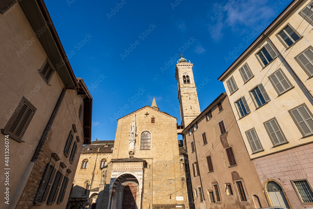 Ancient Basilica of Santa Maria Maggiore in Bergamo upper town, XII century. Exterior in Lombard Romanesque style and interior in Baroque style, UNESCO world heritage site, Lombardy, Italy, Europe.