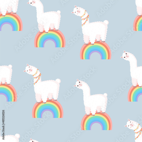 Seamless pattern with llamas on the rainbow. Vector illustration for baby texture, textile, fabric, poster, greeting card, decor. Cute alpaca from Peru. Textures with animals.