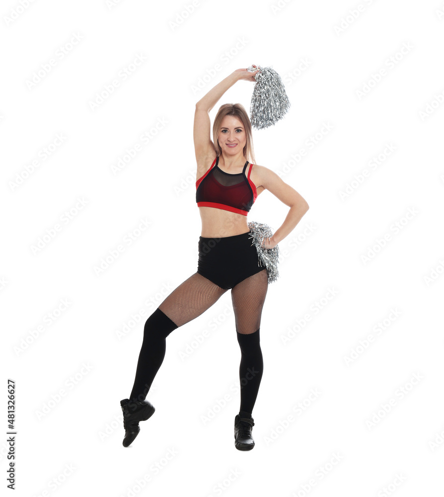 Beautiful cheerleader in costume holding pom poms on white background Beautiful cheerleader in costume holding pom poms on white background