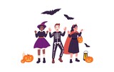 Disguised kids portrait. Children in Halloween party and autumn carnival costumes of witch, skeleton zombie and vampire. Flat vector illustration of funny girls and boy isolated on white background