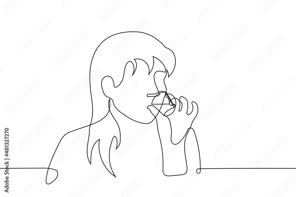 woman drinking shot putting finger away - one line drawing vector. concept of drinking alcoholic beverages from short glass (vodka, soju, tequila), female alcoholism woman drinking shot putting finger away - one line drawing vector. concept of drinking alcoholic beverages from short glass (vodka, soju, tequila), female alcoholism