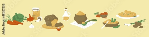 Dishes and products of Russian cuisine. Lenten food. Vector image. 