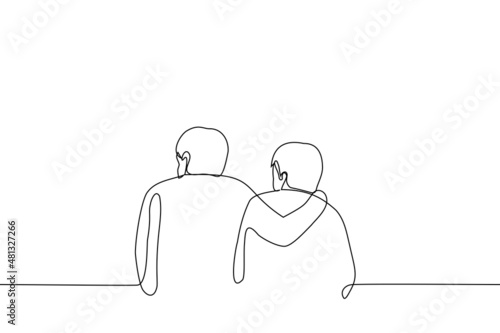 two men stand side by side and one put his hand on the other - one line drawing vector. concept male hug, friendship, love, brotherhood, skinship