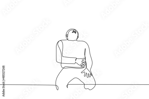 man laughing at top of lungs - one line drawing vector. man clutched his stomach while sitting on chair.  concept of uncontrollable laughter, acute pain in the abdomen
